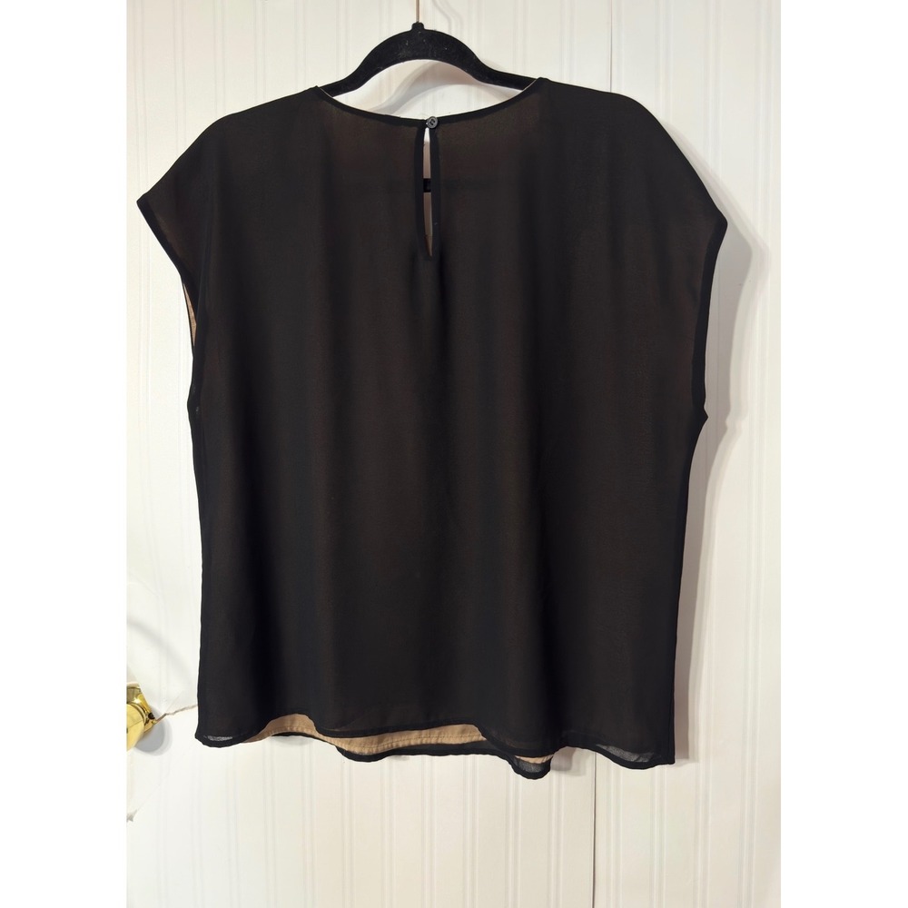 Pleione Womens Black Cap Sleeve Keyhole Back Blouse Tan Lining Size Large - Picture 3 of 4